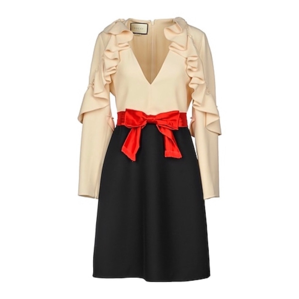 Gucci Silk Wool Cream Dress with Red Bow Accent and Ruffle Detail
